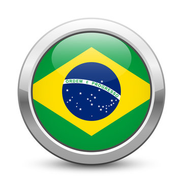 Brazil - shiny metallic button with national flag. Brazilian symbol isolated on white background. Vector EPS10