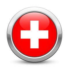 Switzerland - shiny metallic button with national flag. Swiss symbol isolated on white background. Vector EPS10