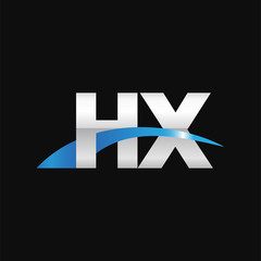 Initial letter HX, overlapping movement swoosh logo, metal silver blue color on black background