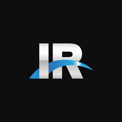 Initial letter IR, overlapping movement swoosh logo, metal silver blue color on black background