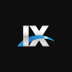 Initial letter IX, overlapping movement swoosh logo, metal silver blue color on black background