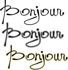 Word Bonjour - Hello greeting in French. White and black calligraphy lettering. Inscription, text for your design. © Studio Dagdagaz