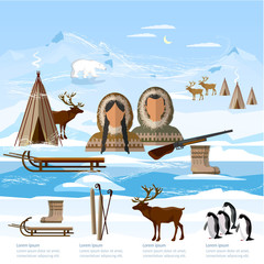 Wild north arctic infographic, people in traditional eskimos costume and arctic animals. Life in the far north. Extreme journey to Alaska