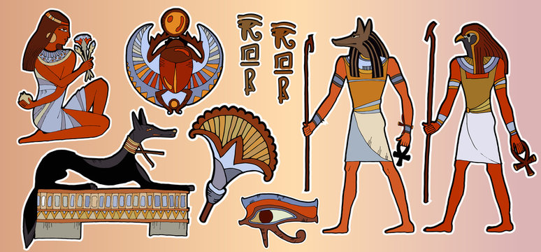 Egyptian gods and pharaohs patch, ancient egypt stickers art. Fashion patch. Pharaoh, gods of Egypt, Anubis, Ra. Stickers, patches in cartoon 80s-90s comic style