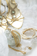 wedding details, gold and silver jewelry, shoes