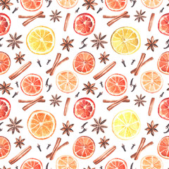 Seamless pattern made of elements for mulled wine, in watercolor style.