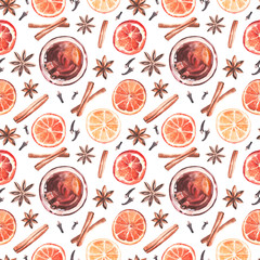 Seamless pattern made of elements for mulled wine, in watercolor style.