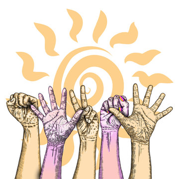 Multiracial fists hands up. Concept of yes you can, unity, revolution, fight, cooperation. Ink design. Creative symbol of teamwork with space for your text. Vector.