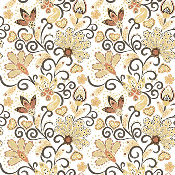 Hand drawn flower seamless pattern. Colorful seamless pattern with pargeting grunge whimsical flowers and paisley. Beige background. Vector