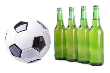 Bottles of fresh beer with soccer ball