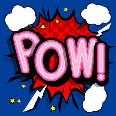 POW - retro lettering with shadows, halftone pattern on retro poster  background. Vector bright illustration in vintage pop art style.