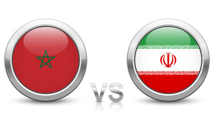 Morocco vs Iran - Match 4 - Group B - 2018 tournament. Shiny metallic icons buttons with national flags isolated on white background.