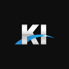 Initial letter KI, overlapping movement swoosh logo, metal silver blue color on black background