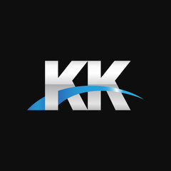 Initial letter KK, overlapping movement swoosh logo, metal silver blue color on black background