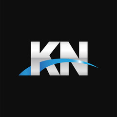 Initial letter KN, overlapping movement swoosh logo, metal silver blue color on black background