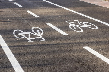 Separate bicycle lane for riding bicycles. White painted bike on asphalt. Ride ecological green urban transport