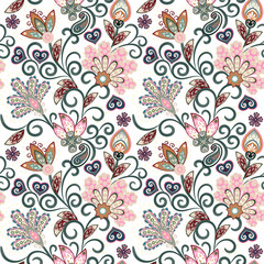 Vintage pattern in indian batik style. Floral hand draw vector background. Pastel blue pink and beige on white.