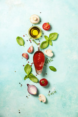 Fresh ingredients on blue stone background