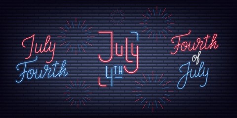 July Fourth. USA Independence Day neon signs collection. Fourth of July holiday neon banners