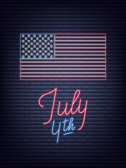 Obraz premium July 4th. USA Independence Day neon sign. USA National flag and lettering for July Fourth celebration