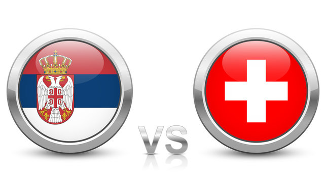 Serbia vs Switzerland - Match 26 - Group E - 2018 tournament. Shiny metallic icons buttons with national flags isolated on white background.