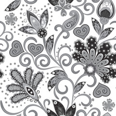 Vintage pattern in indian batik style. Floral hand draw vector background. Gray on white.
