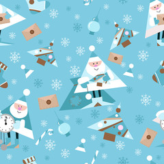 Seamless New Year pattern on blue background. Candys, christmas tree and snowflake. vector illustration