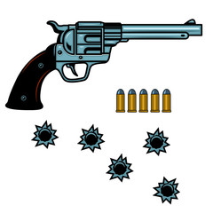 Revolver with cartridges and bullet holes. Design element for poster, card, banner, flyer.