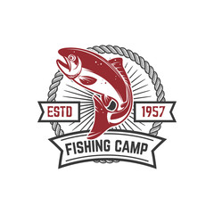 Fishing camp. Emblem template with salmon fish. Design element for logo, label,  sign.