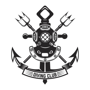 Diving club. Vintage diver helmet and anchor. Design element for logo, label, emblem, sign.
