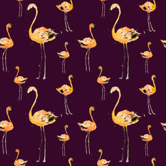 Hand Drawn Illustration With Flamingo. Exotic Summer Beach Motif. Swimwear Design, Wrapping, Background, Wallpaper, Fabric. Hawaiian Print. Jungle Birds Repeated Ornament. Aloha. Boho. Africa.