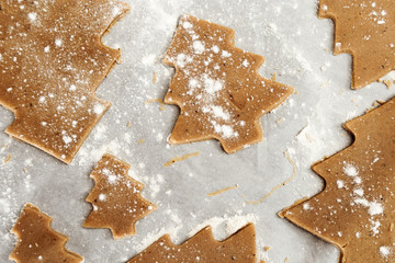 Gingerbread Cookie. New Year figures from a dough, prepared for baking in the oven. Cookies in the form of Christmas tree on paper for baking. Christmas food concept. Close up background.