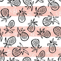 Vector black pineapples on striped pink and white background seamless pattern