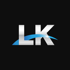Initial letter LK, overlapping movement swoosh logo, metal silver blue color on black background