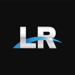 Initial letter LR, overlapping movement swoosh logo, metal silver blue color on black background