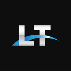 Initial letter LT, overlapping movement swoosh logo, metal silver blue color on black background