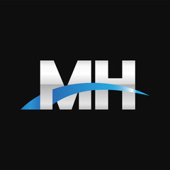 Initial letter MH, overlapping movement swoosh logo, metal silver blue color on black background
