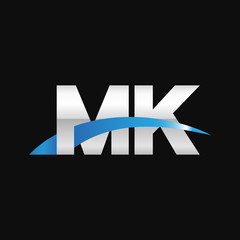 Initial letter MK, overlapping movement swoosh logo, metal silver blue color on black background