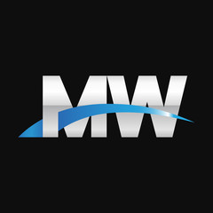 Initial letter MW, overlapping movement swoosh logo, metal silver blue color on black background