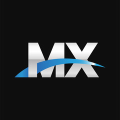 Initial letter MX, overlapping movement swoosh logo, metal silver blue color on black background