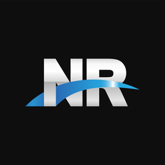 Initial letter NR, overlapping movement swoosh logo, metal silver blue color on black background
