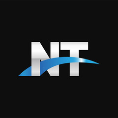 Initial letter NT, overlapping movement swoosh logo, metal silver blue color on black background