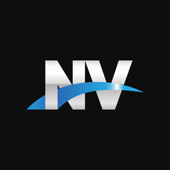 Initial letter NV, overlapping movement swoosh logo, metal silver blue color on black background