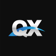 Initial letter QX, overlapping movement swoosh logo, metal silver blue color on black background