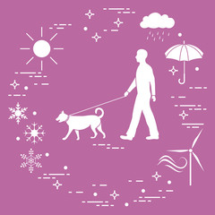 Man walking a dog on a leash in any weather.