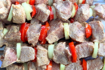 Pieces of marinated raw pork meat strung on skewers with slices of chopped tomatoes and onion with parsley prepared for cooking on barbecue