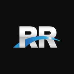 Initial letter RR, overlapping movement swoosh logo, metal silver blue color on black background