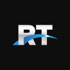 Initial letter RT, overlapping movement swoosh logo, metal silver blue color on black background