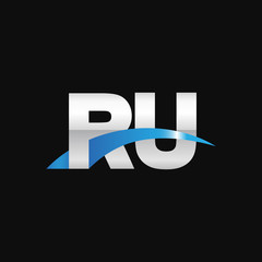 Initial letter RU, overlapping movement swoosh logo, metal silver blue color on black background