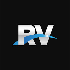 Initial letter RV, overlapping movement swoosh logo, metal silver blue color on black background